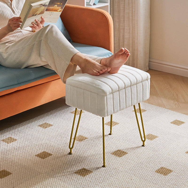 Stool Chair With Storage Space Footrest Footstool Ottoman Small Side Table With 4 Metal Legs With Anti Slip Feet For Makeup Room Bedroom Faux